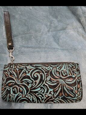 Patricia Nash Turquoise and Brown Floral-Stamped Leather Wristlet
